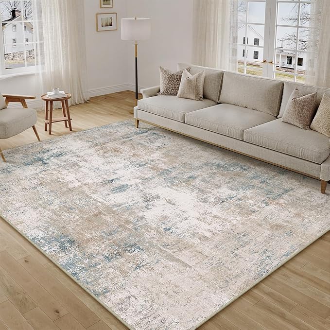 10x14 Area Rug Beige Blue Abstract Living Room Bedroom Washable Carpet Neutral Modern Non Slip Soft Low Pile Large Throw Rug for Dining Room Kitchen Office