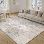 6x9 Washable Area Rug Beige Blue Abstract Living Room Bedroom Throw Rug Neutral Modern Non Slip Soft Low Pile Indoor Carpet for Dining Room Kitchen Office