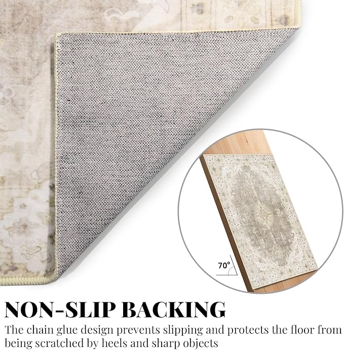 MUJOO Beige Round Rug 4ft,Circle Washable Area Rugs for Bedroom Living Room Bathroom,Vintage Bohemian Distressed Farmhouse Non Slip Circular Carpet,Floral
