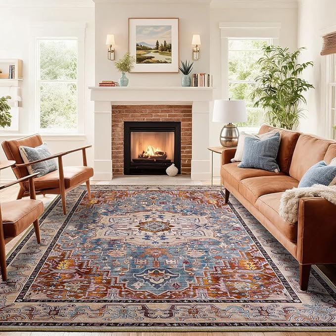 Washable Area Rugs 5x7, Low Pile Soft Vitnage Distressed Rug for Bedroom, Living Room, Dining Room, Non-Slip, Low Pile, Rust Brown