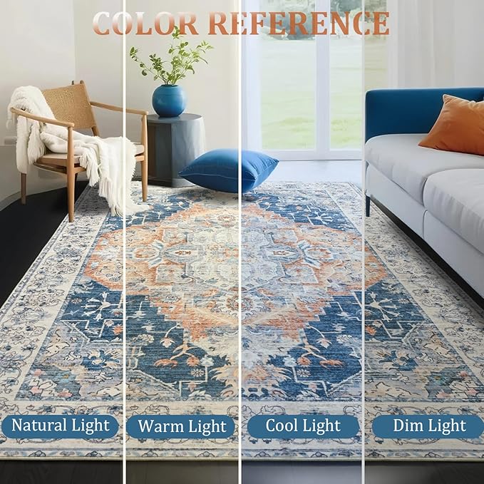 Area Rugs 4x6, Low Pile Washable Rugs, Soft Vintage Distressed Rugs for Bedroom, Living Room, Dining Room, Water Repellent, Non Shedding, Blue and Orange
