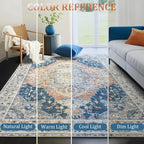 Large Area Rugs 8x10, Low Pile Washable Rugs, Soft Vintage Distressed Rugs for Living Room Bedroom, Office, Dining Room, Water Repellent & Non Shedding, Blue and Orange