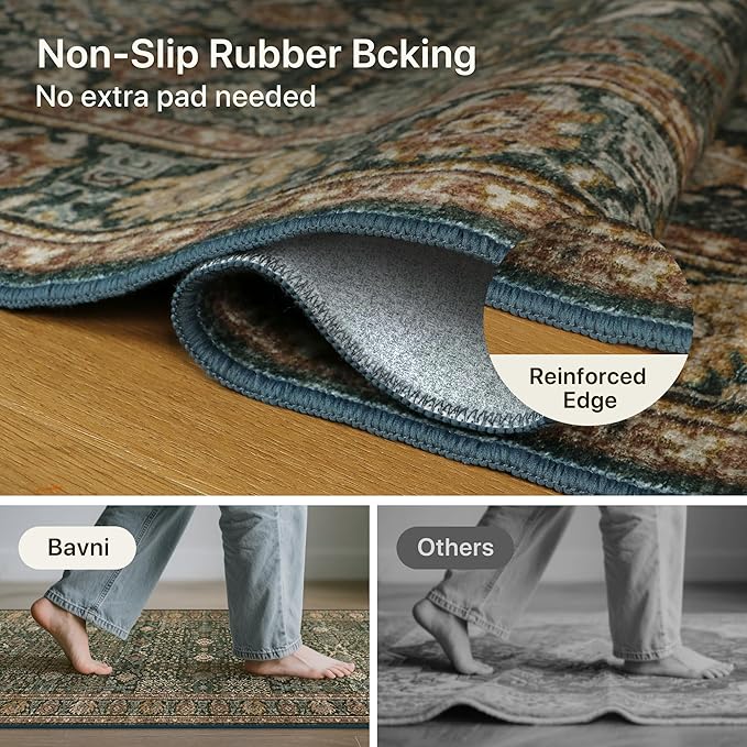 Bavni Washable Rug Runners for Hallways-Vintage Runner Rug 2'6''x10 Low Pile Floral Rugs, Non-Slip Indoor Throw Carpet for Living Room Bedroom Kitchen, Dark Green/Multi