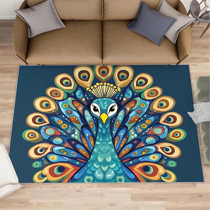 Boho Peacock Rugs for Living Room - 5x8 Rug, Peacock Decor Area Rugs for Bedroom, Teal Turquoise Rug, Modern Style Washable Carpet, Aesthetics Carpet - Peafowl Home Decor & Gifts