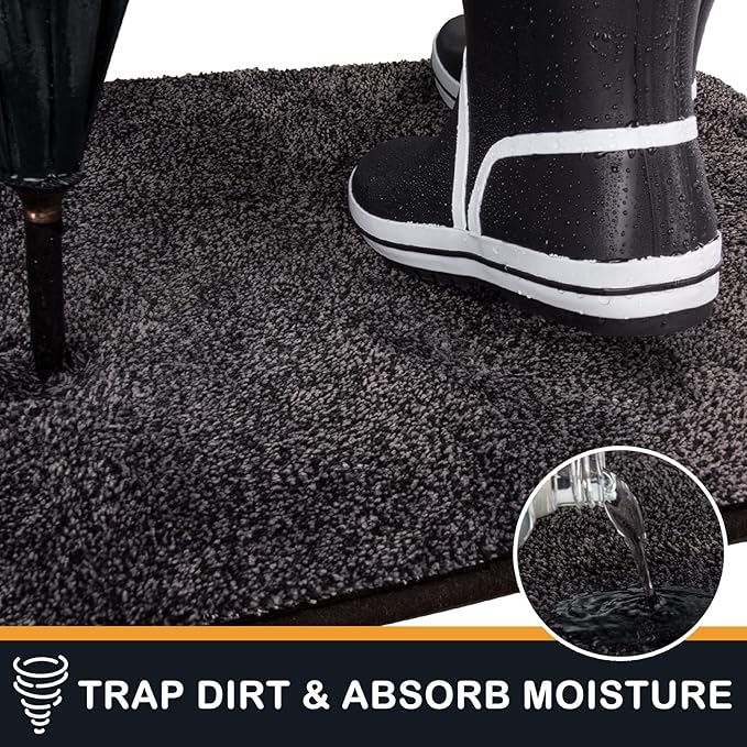 PURRUGS Dirt Trapping Door Mat 20" x 31.5", Non-Slip Machine Washable Entry Rug, Shoe Scraper, Dog Doormat, Super Absorbent Welcome Mat for Front & Back Door, Muddy Shoes & Paws, Charcoal