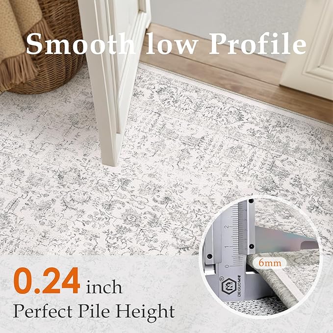 Gray Area Rug 5x8 Machine Washable Vintage Living Room Distressed Non Slip Carpet Traditional Indoor Bedroom Grey Retro Floral Accent Throw Large Rug for Office Kitchen Bathroom Dining Room