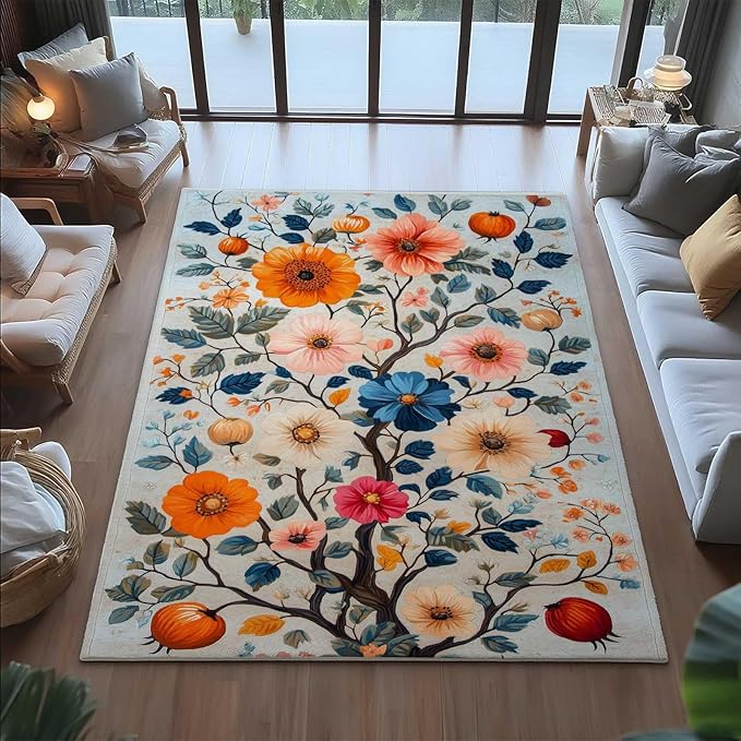 5x7 Colorful Flower Area Rugs, Floral Vintage Large Rugs, Floral Rugs, Botanical Rug, Washable Boho Botanical Non Slip Carpet for Living Room, Bedroom, Kids Room