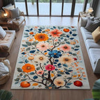 9x12 Colorful Flower Area Rugs, Floral Vintage Large Rugs, Floral Rugs, Botanical Rug, Washable Boho Botanical Non Slip Carpet for Living Room, Bedroom, Kids Room