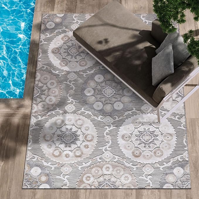 CAMILSON Indoor Outdoor Rug 5x7 Bohemian Medallion Floral Area Rugs for Indoor and Outdoor Patios Easy-Cleaning Non-Shedding Living Room Garden and Kitchen Washable Outside Carpet (5 x 7 / Beige)