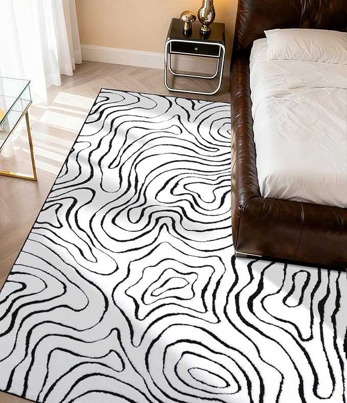 YIHOUSE Modern Rugs for Living Room 5x7, Washable Black and White Bedroom Rug, Fluffy Geometric Dining Room Rugs for Under Table Home Decor