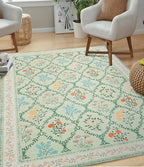 YIHOUSE Green Floral Print Rugs, Moroccan Trellis 9x12 Washable Large Rug, Modern Pastel Non Slip Ultra-Thin Area Rug for Classroom, Nursery Playroom,Dorm,Bedroom,Living Room, Green Multi