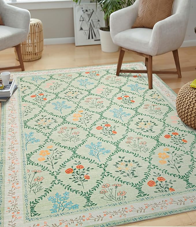 YIHOUSE Green Floral Print Rugs, Moroccan Trellis 9x12 Washable Large Rug, Modern Pastel Non Slip Ultra-Thin Area Rug for Classroom, Nursery Playroom,Dorm,Bedroom,Living Room, Green Multi