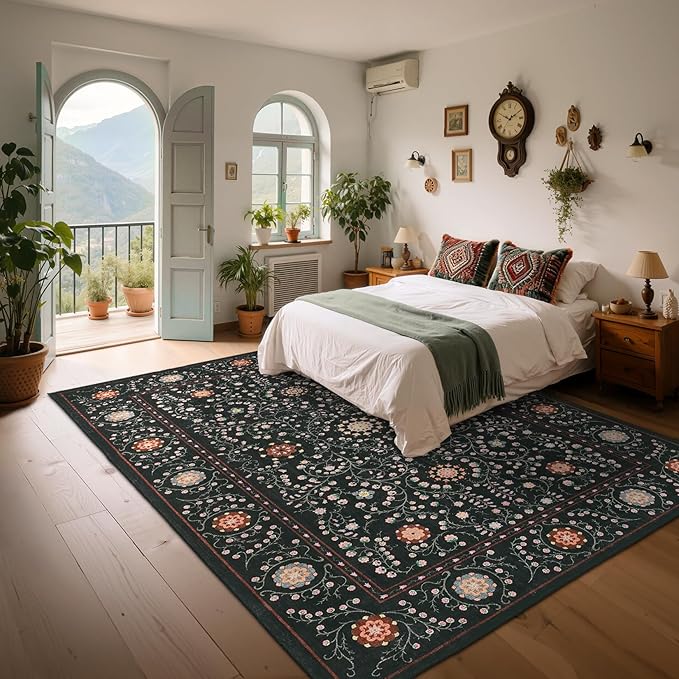 GarveeHome Boho 5x7 Area Rug for Bedroom, Floral Vintage Rugs for Living Room with Soft Low Pile, Non Slip Botanical Washable Rugs 5x7 for Dining Room Black Carpet for Entryway Dorm Office Playroom