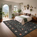 GarveeHome Boho 6x9 Area Rug for Living Room, Floral Vintage Rugs for Bedroom with Soft Low Pile, Non Slip Stain Resistant Botanical Washable Rug 6x9 for Dining Room Black Carpet for Dorm Office