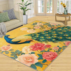 Classic Peacock Rug Large - 5x7 Rug, Peacock Peony Flower Washable Rugs for Living Room, Yellow Teal Turquoise Carpet, Non-Slip Area Rugs for Bedroom, Aesthetics Carpet - Peafowl Home Decor & Gifts