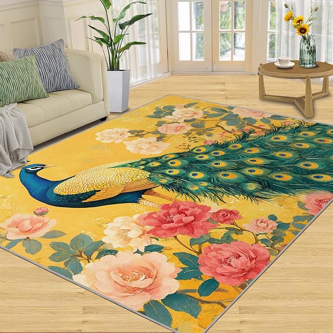 Classic Peacock Rug Small - 3x5 Rug, Peacock Peony Flower Washable Rugs for Living Room, Yellow Teal Turquoise Carpet, Non-Slip Area Rugs for Bedroom, Aesthetics Carpet - Peafowl Home Decor & Gifts