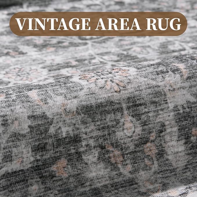 MontVoo-Vintage Area Rug 9X12 Grey Rugs for Living Room-Soft Distressed Printed Rugs for Bedroom-Non Slip Carpet-Machine Washable Rug for Dining Room Living Room Bedside Office