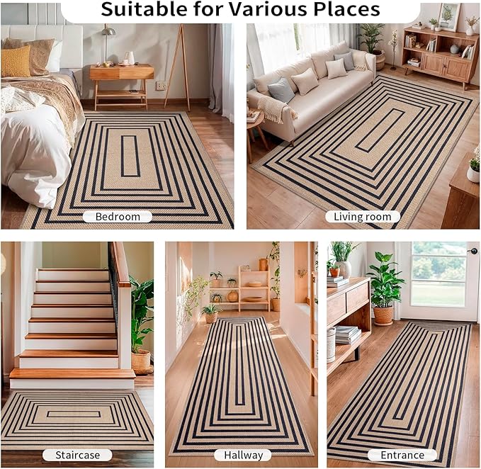 Tangsoo Easy Jute Rug 2x6 Washable Runner Rug for Hallways,Non-Slip Black Geometric Thin Outdoor Rug,Modern Farmhouse Carpet for Porch Laundry Bedroom Living Room Entryway