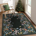 Wonnitar Washable 4x6 Rug, Black Floral Print Area Rugs for Living Room, Non-Slip Soft Rug for Bedroom, Vintage Low Pile Dining Room, Botanical Carpet for Bedside Mud Room (Black,4'x6')