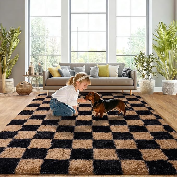 Extra Large Plush Rug High Pile Fluffy Rug for Living Room, Big Plush Non-Skid Shag Carpet, Soft Shaggy Rugs for Bedroom Indoor Modern Home Decor Grid 9x12ft