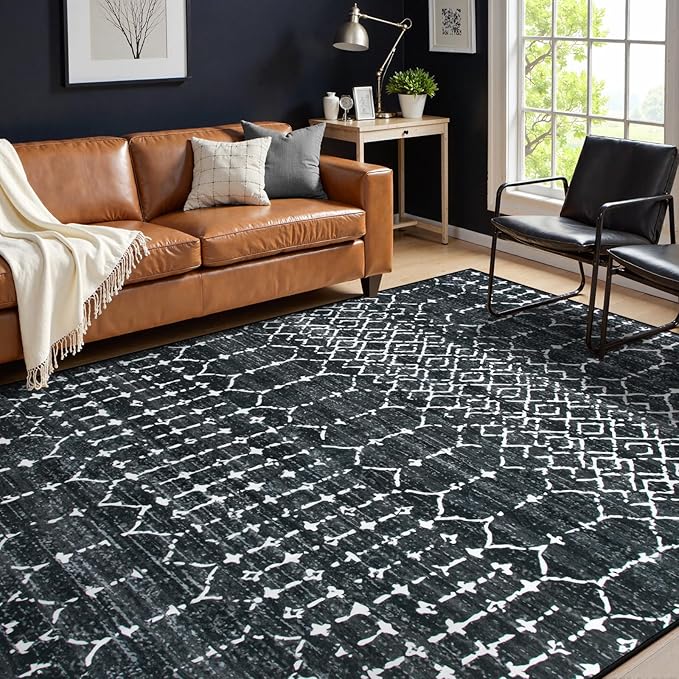 Lahome Moroccan Black 9x12 Rug for Living Room, Washable Non-Slip Ultra-Thin Stain Resistant Area Rug for Dining Room Table, Geometric Print Modren Indoor Carpet for Bedroom Office