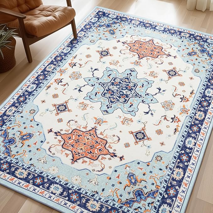 Phantoscope Washable Area Rug 4'x6' Non-Slip, Vintage Boho Rugs for Living Room, Bedroom, Dining Room, Medallion Persian Symmetrical Pattern, Low-Pile Foldable Floor Carpet, vory Blue/Orange