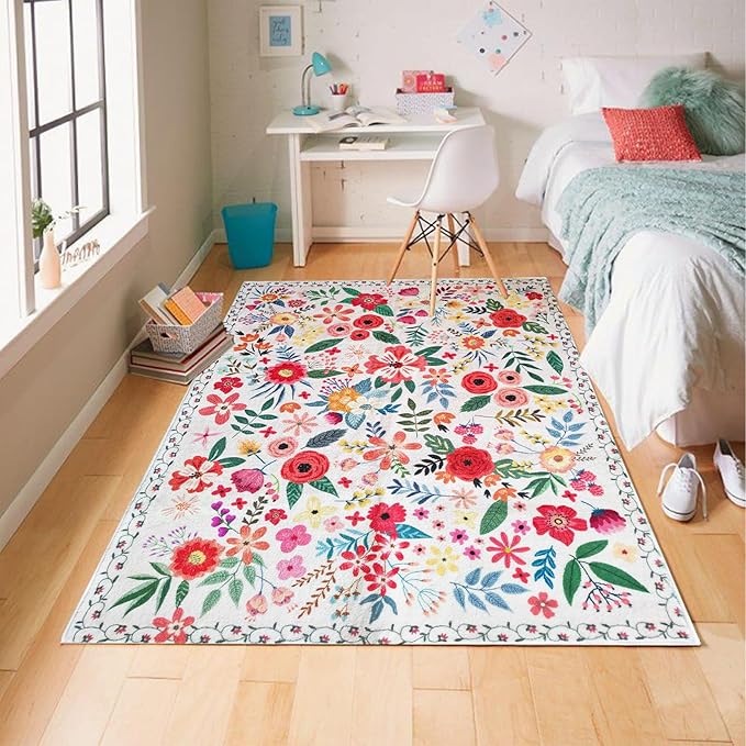 Floral Rug 4x6 Vintage Print Rug Washable Low Pile Living Room Non Slip Carpet for Bedroom, Farmhouse, Dining Room