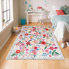 Floral Rug 4x6 Vintage Print Rug Washable Low Pile Living Room Non Slip Carpet for Bedroom, Farmhouse, Dining Room