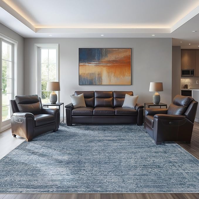 Area Rug Living Room Rugs - 10x14 Abstract Large Soft Indoor Washable Rug Neutral Modern Low Pile Carpet for Bedroom Dining Room Farmhouse Home Office - Dark Blue