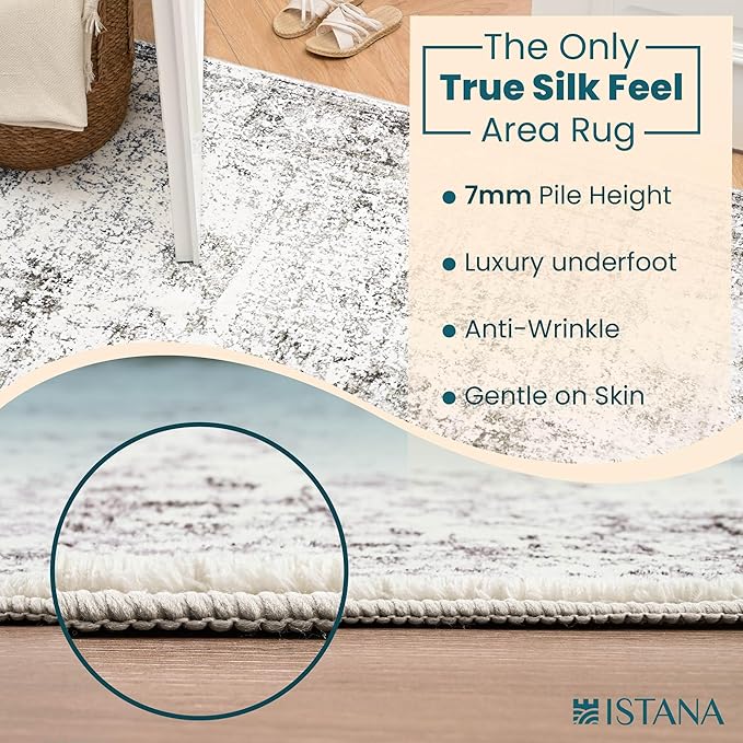 Istana Hallway Runner Rug 2x8 – White Cream/Grey Entryway Rug -Silk's Soft Touch Runners for Hallways - Stylish Kitchen Runner Rug Non Slip