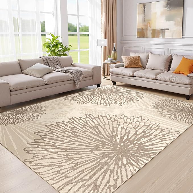 WITSHOCK 9x12 Area Rugs for Living Room: Beige Floral Washable Rugs for Bedroom Dining Room Office Nursery Modern Non-Slip Stain Resistant Low Pile Home Decor（Beige/Brown,9'x12'）