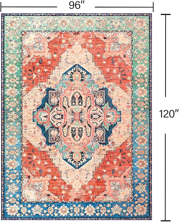 YJ.GWL Area Rugs for Living Room 8x10 Machine Washable Rugs, Non Slip Floral Vintage Rug Indoor Carpet, Stain Resistant Large Rug for Bedroom Dining Room, Red Blue Gradient Color