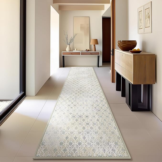 Phantoscope Washable Runner Rug 2'x10' Non-Slip, Modern Hallway Rugs for Entryway, Stair, Bedroom, Dining Room, Distressed Geometric Floral Pattern, Low-Pile Foldable Floor Carpet, Teal Floral/Beige