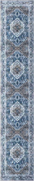KOZYFLY Runners for Hallways 3x12 Ft Thin Long Washable Kitchen Runner Non Slip Runners Rug for Entryway Indoor Blue Printed Faux Wool Stair Runner Floor Carpet for Stair Kitchen Hall, Blue
