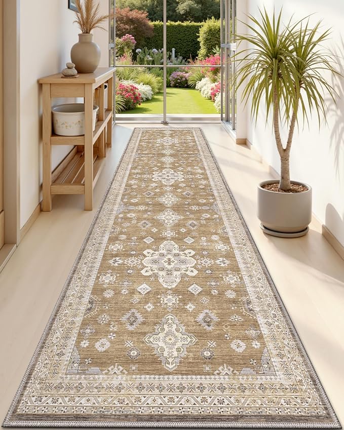DEXI Hallway Runner Rug 3x12, Distressed Non Slip Runners Carpet, Boho Vintage Soft Thin Indoor Rug, Stain Resistant Washable Entry Mat for Entryway Kitchen Laundry Room Living Room, Light Brown