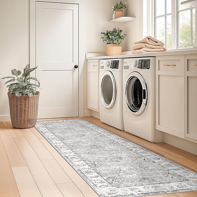 jinchan Fiora Runner Rug 2x5 Machine Washable Hallway Rug Grey Vintage Floral Print Non-Slip Low Pile Ultra-Thin for Kitchen, Entryway, Laundry Room, Bedroom, Farmhouse (2‘x5’, Grey)