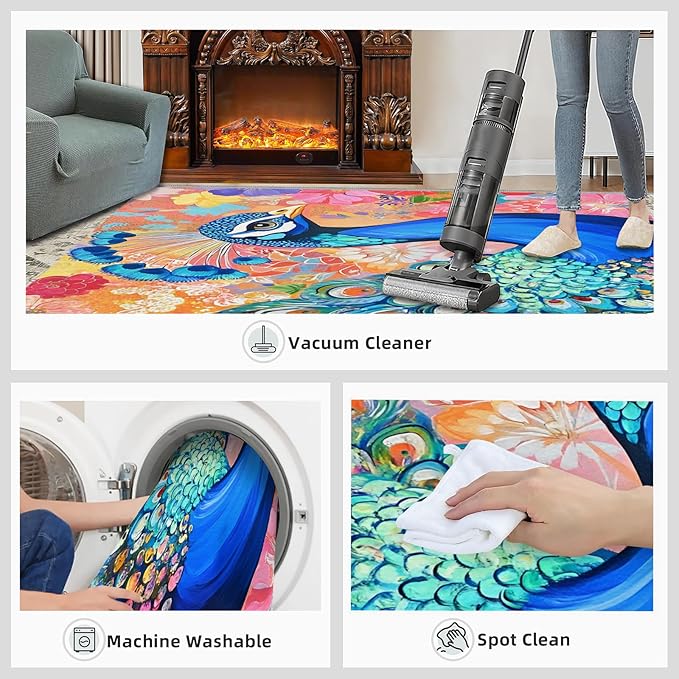Peacock Area Rug 3x5-3x5 Rug, Boho Floral Rugs for Living Room, Colorful Carpet, Oil Painting Art Washable Area Rugs for Bedroom, Aesthetics Carpet - Peafowl Home Decor & Gifts