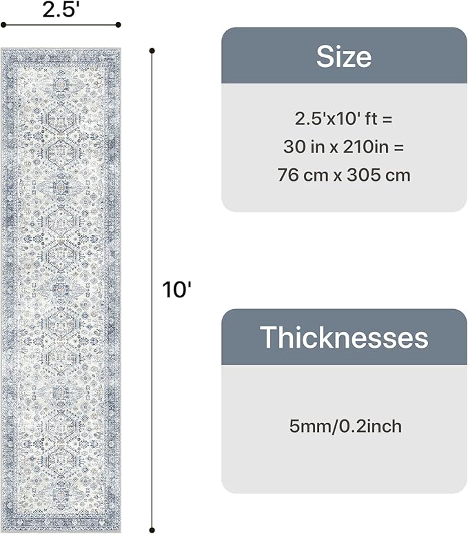 Bavni Washable Runner Rug 2’6”x10, Non Slip Vintage Hallway Runner, Ultra Thin Low Pile Washable Carpet for Kitchen Entryway Bedroom, Light Blue
