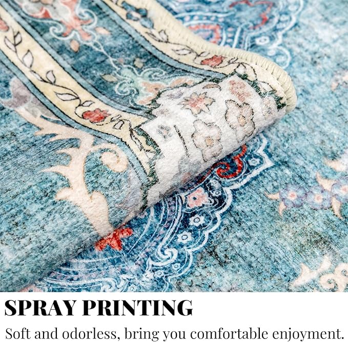 MUJOO Teal Area Rug Small Rugs Boho Machine Washable Rugs Non Slip for Entryway Kitchen Bathroom Bedroom Vintage Soft Low-Pile 2'x3' Blue Flowers Colorful