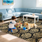 Black Damask Flower Golden Carpet for Living Room, 5x7 Non-Slip Washable Low Pile Abstract Design Rug, Space Saving Area Rug for Bedroom, Dining Room