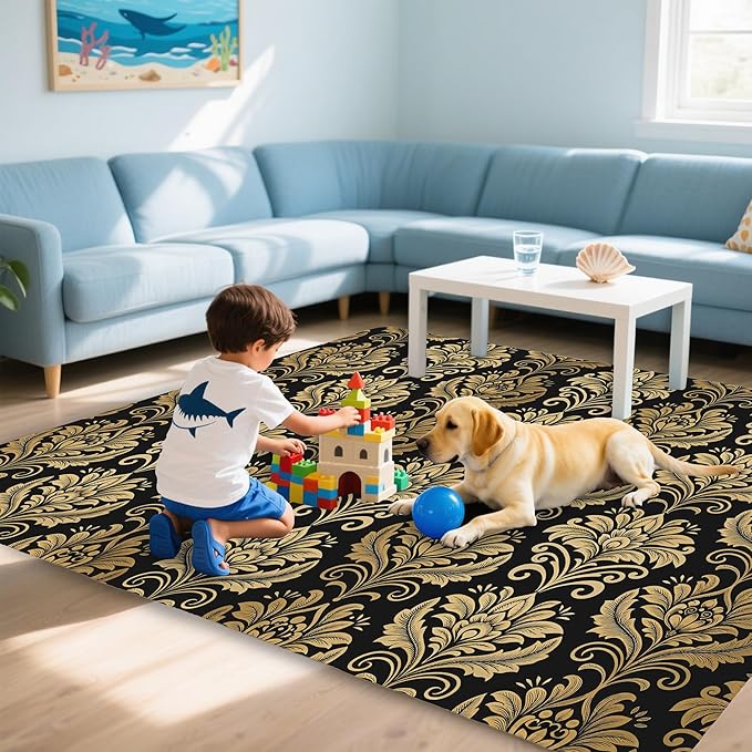 Black Damask Flower Golden Carpet for Living Room, 5x7 Non-Slip Washable Low Pile Abstract Design Rug, Space Saving Area Rug for Bedroom, Dining Room
