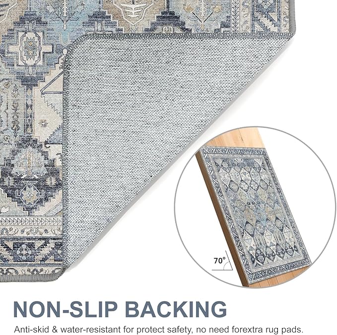 Bavni Kitchen Rug 2x5 Runner Rugs for Hallways Entryway, Washable Vintage Print Carpet, Ultra-Thin Chenille Low Pile Lightweight Rug with Non Slip Backing, Blue