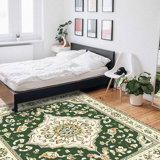 Green Bohemian Rectangular Area Rugs for Living Room Bedroom 5 x 8 ft Vintage Farmhouse Floral Pattern Non-Shedding Soft Low Pile Rug Non Slip Washable Rug for Nursery Entryway Playroom