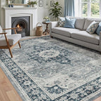 DEXI 4x6 Area Rug for Living Room, Washable Vintage Farmhouse Thin Rug Indoor Floor, Non Slip Stain Resistant Low Pile Carpet for Dining Room Bedroom Office, Blue Grey