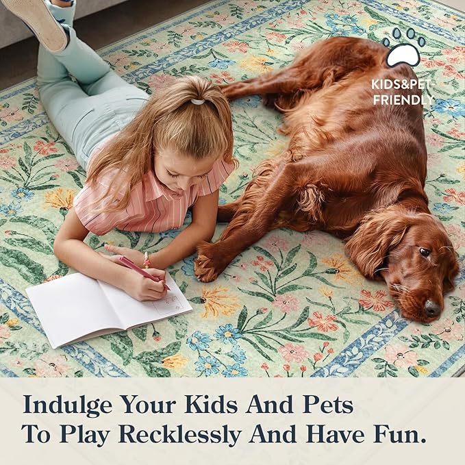 Lahome Boho Light Green Large Area Rugs for Bedroom 9x12, Floral Washable Rugs Living Room, Soft Non-Slip Thin Rug for Nursery Kids Playroom Tween Girls Home, Tea Green