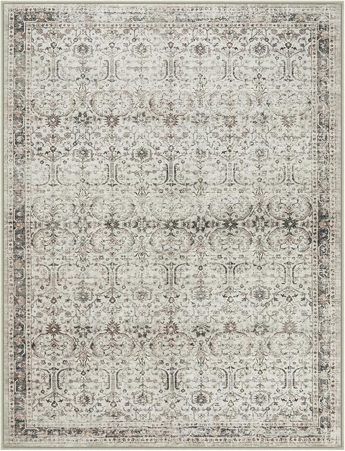 Moynesa Grey Rugs for Living Room 8x10, Vintage Washable Area Rug for Bedroom Dining Room Office, Low Pile Soft Non-Slip Retro Neutral Carpets for Kitchen Indoor Nursery
