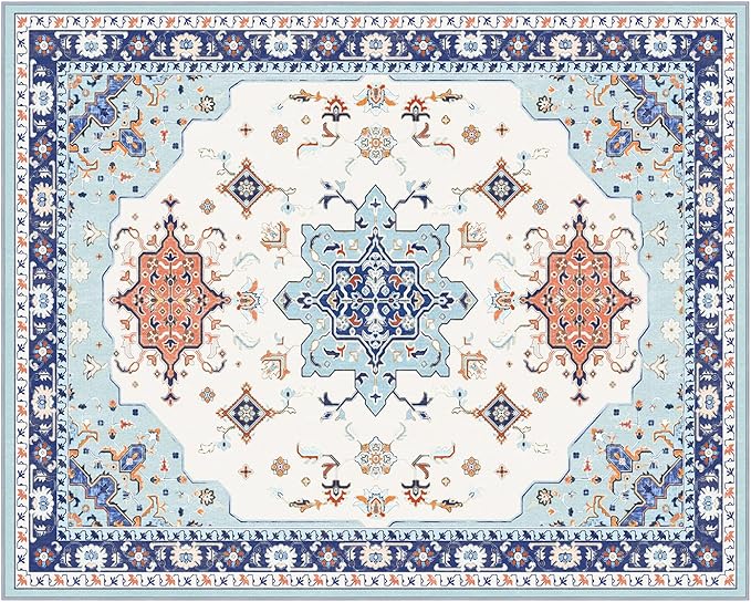 Phantoscope Washable Area Rug 8'x10' Non-Slip, Vintage Boho Rugs for Living Room, Bedroom, Dining Room, Medallion Persian Symmetrical Pattern, Low-Pile Foldable Floor Carpet, Ivory Blue/Orange