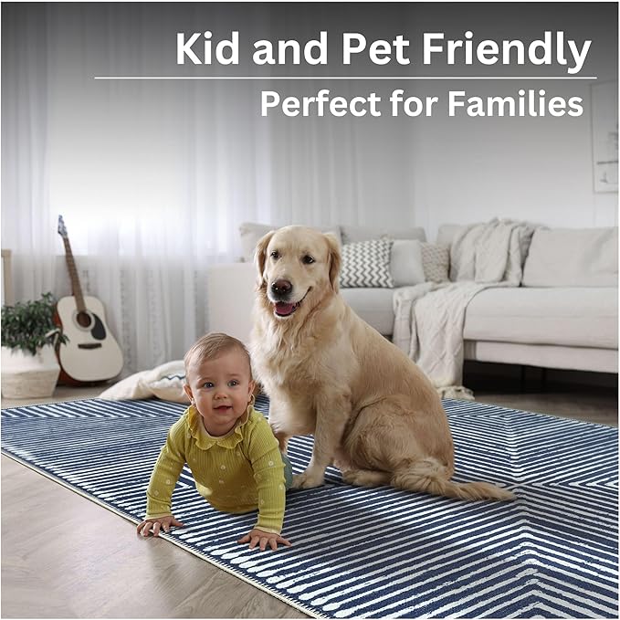 Bloom Rugs Washable Non-Slip 8' x 10' Rug - Blue Striped Area Rug for Living Room, Bedroom, Dining Room, and Kitchen - Exact Size: 8' x 10'