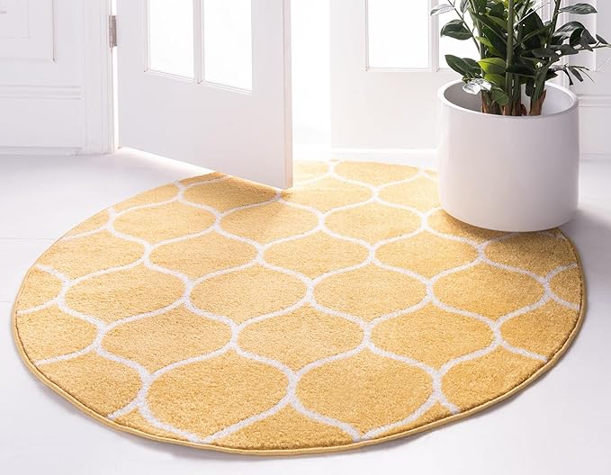 Rugs.com Lattice Frieze Collection Rug – 6' Round Yellow Medium Rug Perfect for Kitchens, Dining Rooms