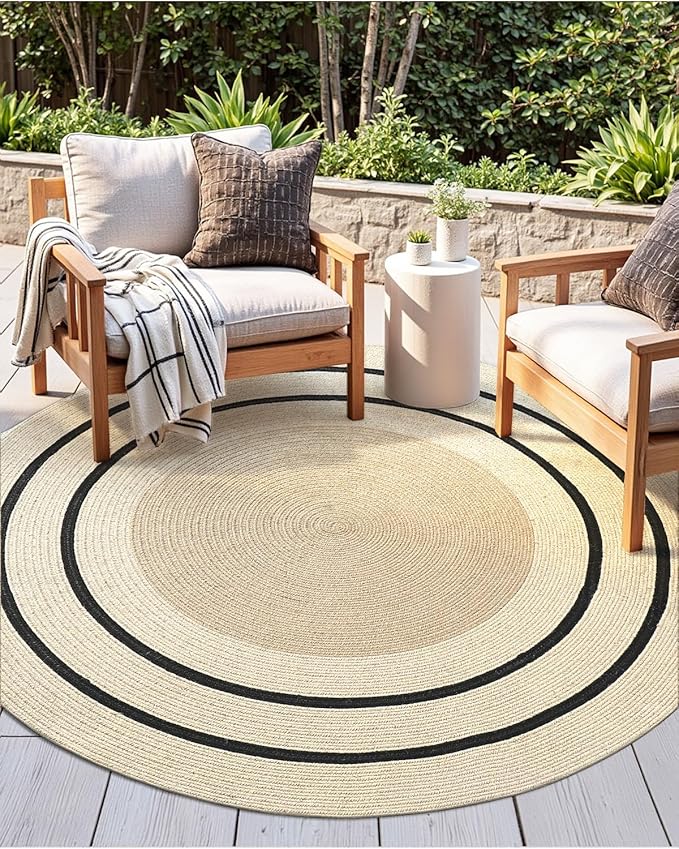 DEXI Round Jute Rug Natural Fiber 6x6, Braided Woven Area Rugs No Shed, Large Soft Neutral Rustic Carpet Mat for Indoor Outdoor Patio Dining Living Room Bedroom Farmhouse, 6ft, Ivory/Black